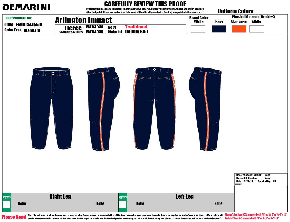 Custom Demarini WOMEN'S Fierce Pant with Braiding for Arlington Impact