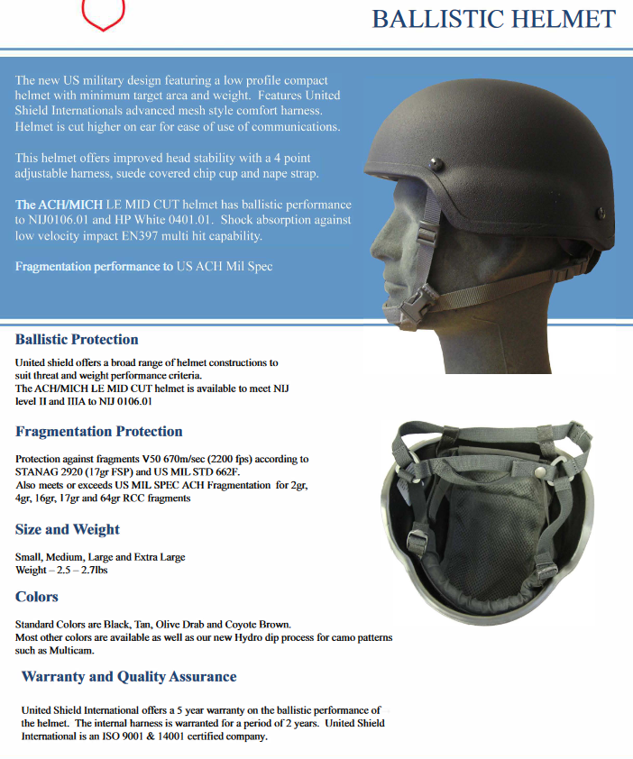 UNITED SHIELD MICH LE MID-CUT BALLISTIC HELMET