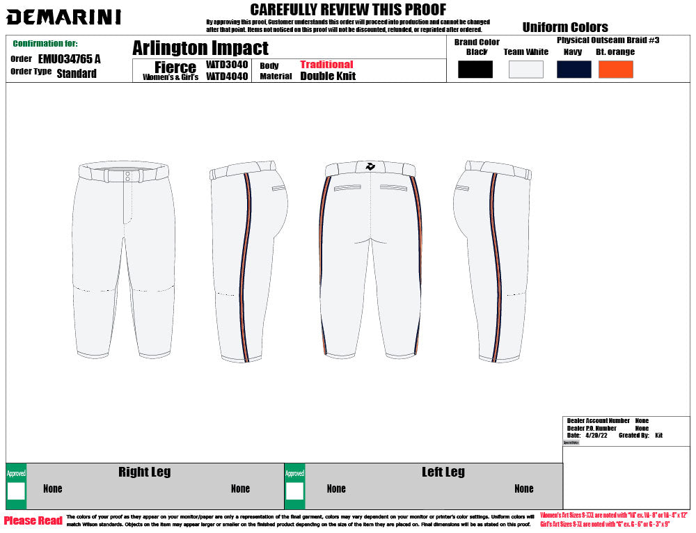 Custom Demarini WOMEN'S Fierce Pant with Braiding for Arlington Impact