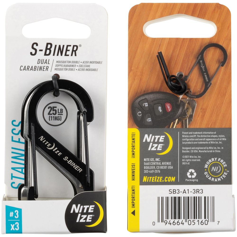 S-BINER DUAL CARABINER STAINLESS STEEL #3-3 PACK-BLACK/STAINLESS