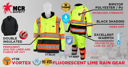 Vortex Hi Vis Rain Gear- Winter Jacket with Detachable Hood - Zip Out Fleece Liner
